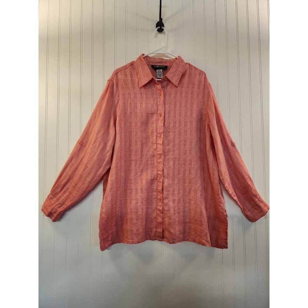 Sag Harbor Woman Coral Pink 100% Linen Button‎ Up Shirt Textured Grid Blouse 1X